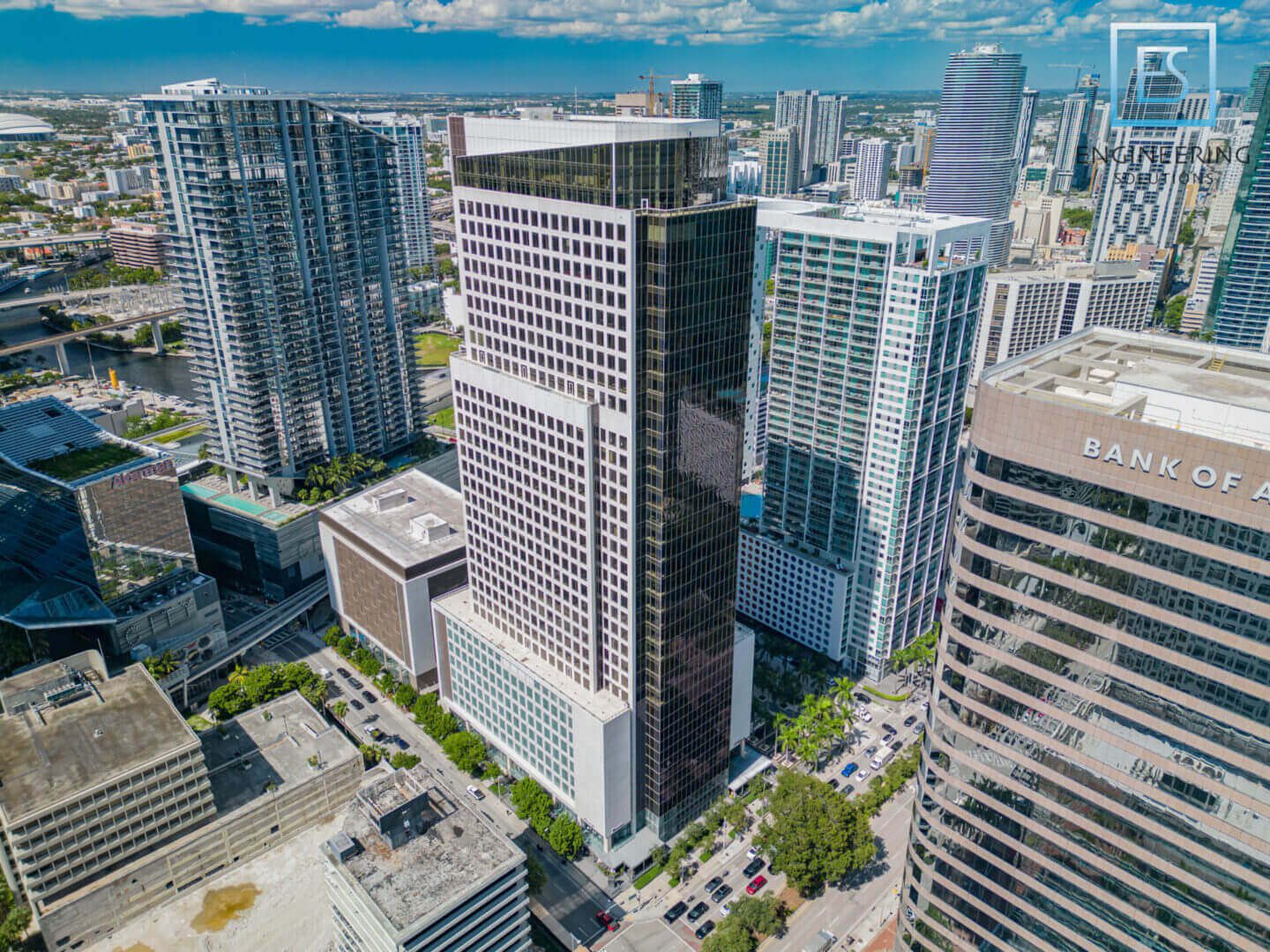 A view of some buildings from above in the city.