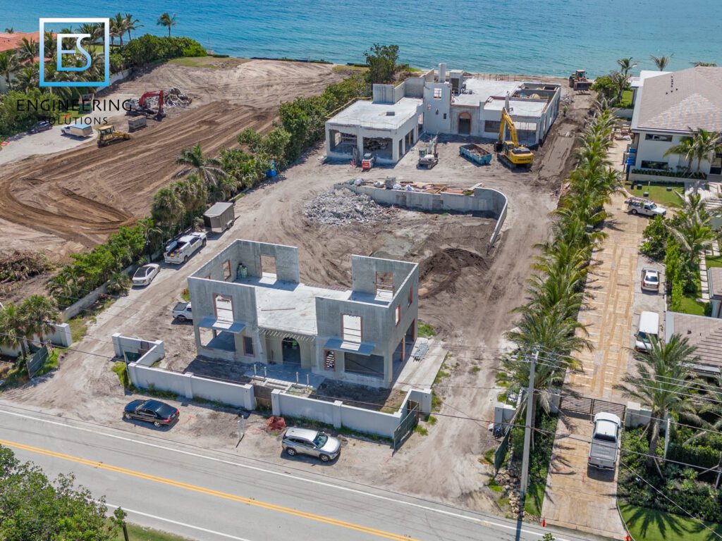 A construction site with a building being built.